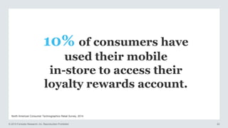 © 2015 Forrester Research, Inc. Reproduction Prohibited 22
North American Consumer Technographics Retail Survey, 2014
10% of consumers have
used their mobile
in-store to access their
loyalty rewards account.
 