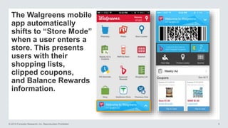 © 2015 Forrester Research, Inc. Reproduction Prohibited 5
The Walgreens mobile
app automatically
shifts to “Store Mode”
when a user enters a
store. This presents
users with their
shopping lists,
clipped coupons,
and Balance Rewards
information.
 