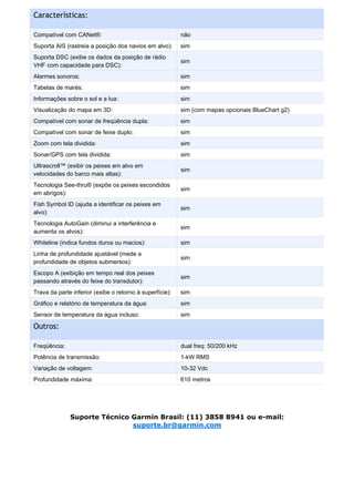 Características:

Compatível com CANet®:                                    não
Suporta AIS (rastreia a posição dos navios em alvo):      sim
Suporta DSC (exibe os dados da posição de rádio
                                                          sim
VHF com capacidade para DSC):
Alarmes sonoros:                                          sim
Tabelas de marés:                                         sim
Informações sobre o sol e a lua:                          sim
Visualização do mapa em 3D:                               sim (com mapas opcionais BlueChart g2)
Compatível com sonar de freqüência dupla:                 sim
Compatível com sonar de feixe duplo:                      sim
Zoom com tela dividida:                                   sim
Sonar/GPS com tela dividida:                              sim
Ultrascroll™ (exibir os peixes em alvo em
                                                          sim
velocidades do barco mais altas):
Tecnologia See-thru® (expõe os peixes escondidos
                                                          sim
em abrigos):
Fish Symbol ID (ajuda a identificar os peixes em
                                                          sim
alvo):
Tecnologia AutoGain (diminui a interferência e
                                                          sim
aumenta os alvos):
Whiteline (indica fundos duros ou macios):                sim
Linha de profundidade ajustável (mede a
                                                          sim
profundidade de objetos submersos):
Escopo A (exibição em tempo real dos peixes
                                                          sim
passando através do feixe do transdutor):
Trava da parte inferior (exibe o retorno à superfície):   sim
Gráfico e relatório de temperatura da água:               sim
Sensor de temperatura da água incluso:                    sim

Outros:

Freqüência:                                               dual freq: 50/200 kHz
Potência de transmissão:                                  1-kW RMS
Variação de voltagem:                                     10-32 Vdc
Profundidade máxima:                                      610 metros




              Suporte Técnico Garmin Brasil: (11) 3858 8941 ou e-mail:
                              suporte.br@garmin.com
 