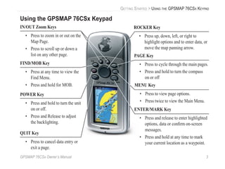 GPSMAP 76CSx Owner’s Manual 3
GETTING STARTED > USING THE GPSMAP 76CSX KEYPAD
Using the GPSMAP 76CSx Keypad
QUIT Key
• Press to cancel data entry or
exit a page.
ENTER/MARK Key
• Press and release to enter highlighted
options, data or conﬁrm on-screen
messages.
• Press and hold at any time to mark
your current location as a waypoint.
IN/OUT Zoom Keys
• Press to zoom in or out on the
Map Page.
• Press to scroll up or down a
list on any other page.
FIND/MOB Key
• Press at any time to view the
Find Menu.
• Press and hold for MOB.
POWER Key
• Press and hold to turn the unit
on or off.
• Press and Release to adjust
the backlighting.
ROCKER Key
• Press up, down, left, or right to
highlight options and to enter data, or
move the map panning arrow.
PAGE Key
• Press to cycle through the main pages.
• Press and hold to turn the compass
on or off
MENU Key
• Press to view page options.
• Press twice to view the Main Menu.
 