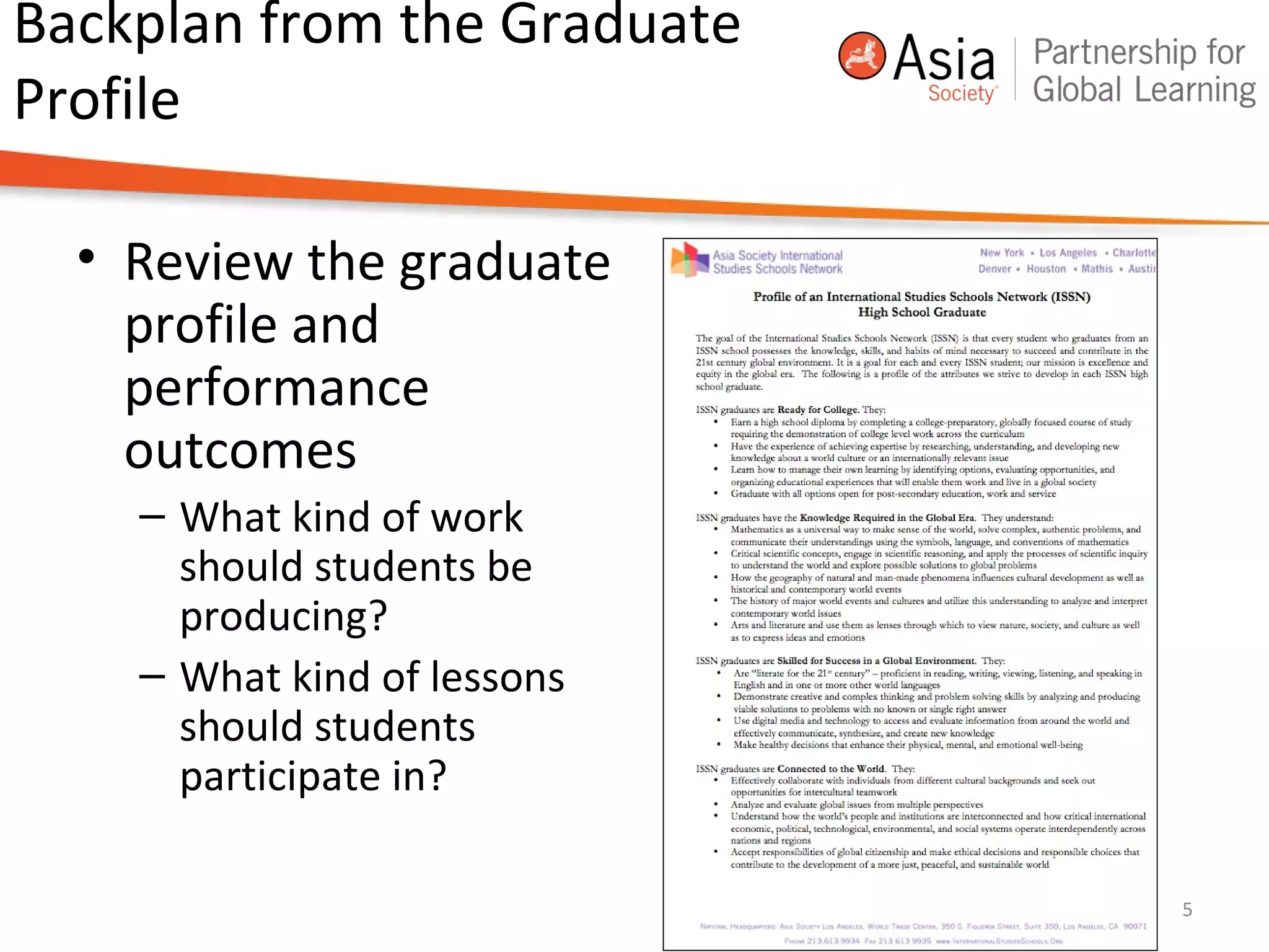 Backplan from the Graduate
Profile
• Review the graduate
profile and
performance
outcomes
– What kind of work
should students be
producing?
– What kind of lessons
should students
participate in?
5
 