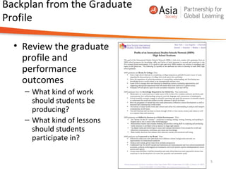 Backplan from the Graduate
Profile
• Review the graduate
profile and
performance
outcomes
– What kind of work
should students be
producing?
– What kind of lessons
should students
participate in?
5
 