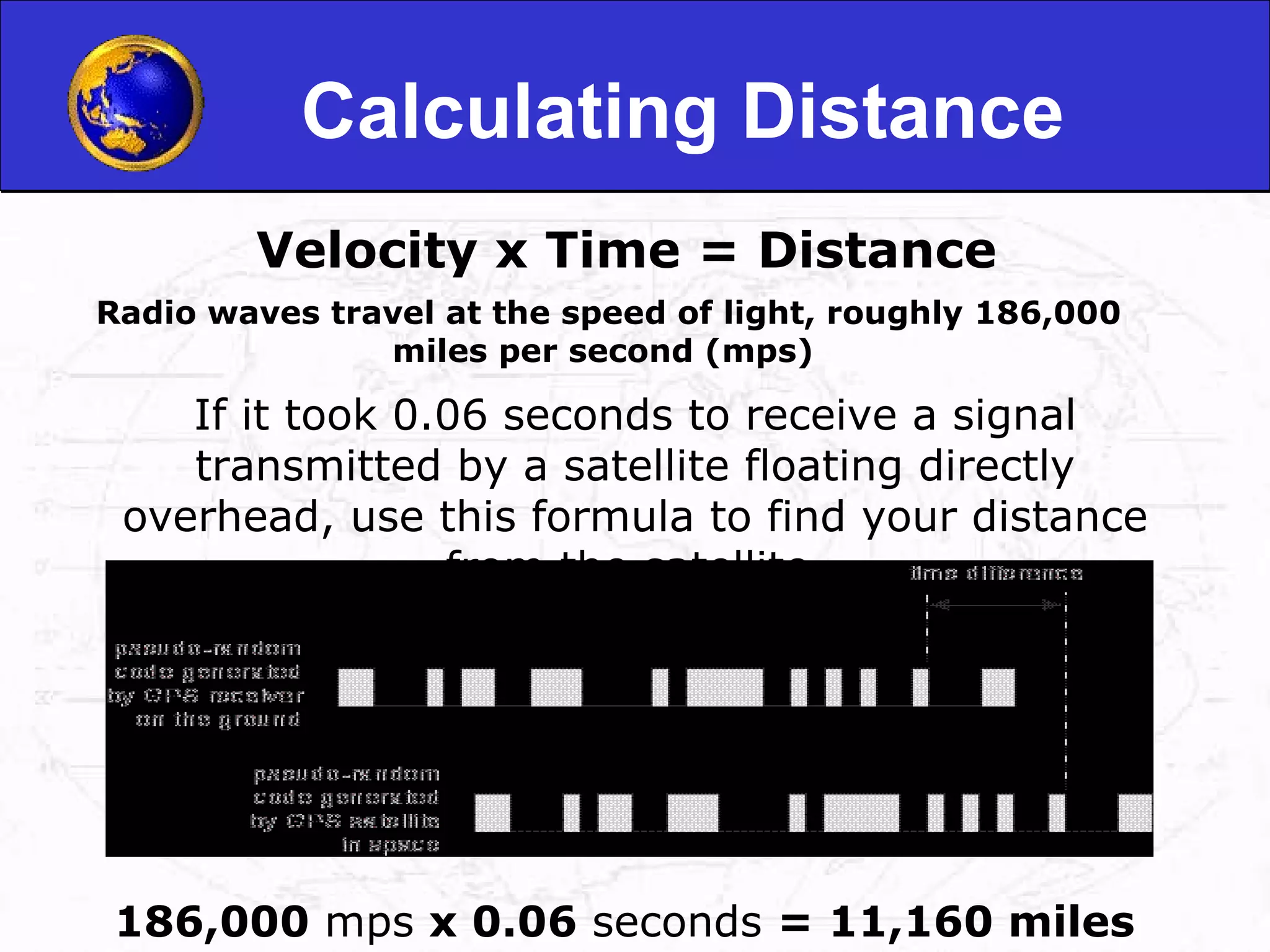 Calculating Distance Velocity x Time = Distance   Radio waves travel at the speed of light, roughly 186,000 miles per second (mps)  If it took 0.06 seconds to receive a signal transmitted by a satellite floating directly overhead, use this formula to find your distance from the satellite. 186,000  mps  x 0.06  seconds  = 11,160 miles 
