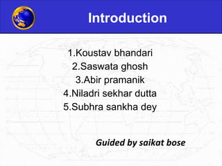 Introduction 1.Koustav bhandari 2.Saswata ghosh 3.Abir pramanik 4.Niladri sekhar dutta 5.Subhra sankha dey Guided by saikat bose 