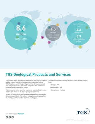 See the energy at TGS.com
© 2016 TGS-NOPEC Geophysical Company ASA. All rights reserved.
TGS Geological Products and Services
TGS provides global geoscientific data products and services to the oil
and gas industry to assist in exploration and exploitation efforts.
TGS offers the industry’s largest digital well log library, specialized
data integration services and custom interpretive data solutions to
meet the specific needs of our clients.
The combination of our expertise, experience, and data library makes
TGS the right choice for all of your geological data needs.
Tap into the industry’s largest online well log database covering over
30 countries worldwide. TGS collects and digitizes well log data from
the most popular hydrocarbon plays around the globe.
TGS offers a full suite of Geological Products and Services ranging
from:
ƒƒ Well Log Data
ƒƒ Beyond Well Logs
ƒƒ Interpretation Products
8.6
million
Well logs
1.5
million
Digital LAS and
LAS+ wells
Well Performance
Data
4.3
million wells
3.3
million production
entities
 