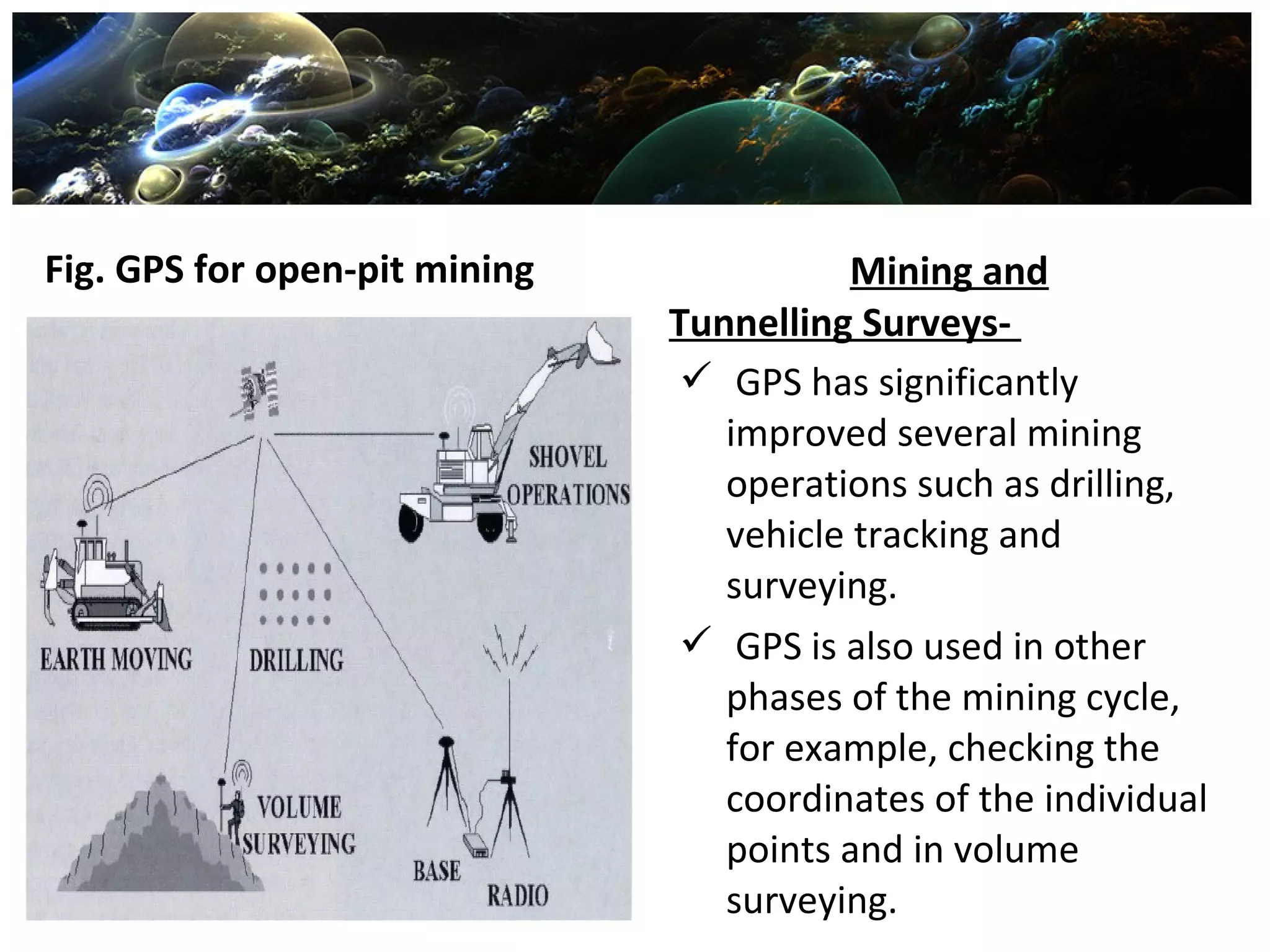 Fig. GPS for open-pit mining Mining and
Tunnelling Surveys-
 GPS has significantly
improved several mining
operations such as drilling,
vehicle tracking and
surveying.
 GPS is also used in other
phases of the mining cycle,
for example, checking the
coordinates of the individual
points and in volume
surveying.
 