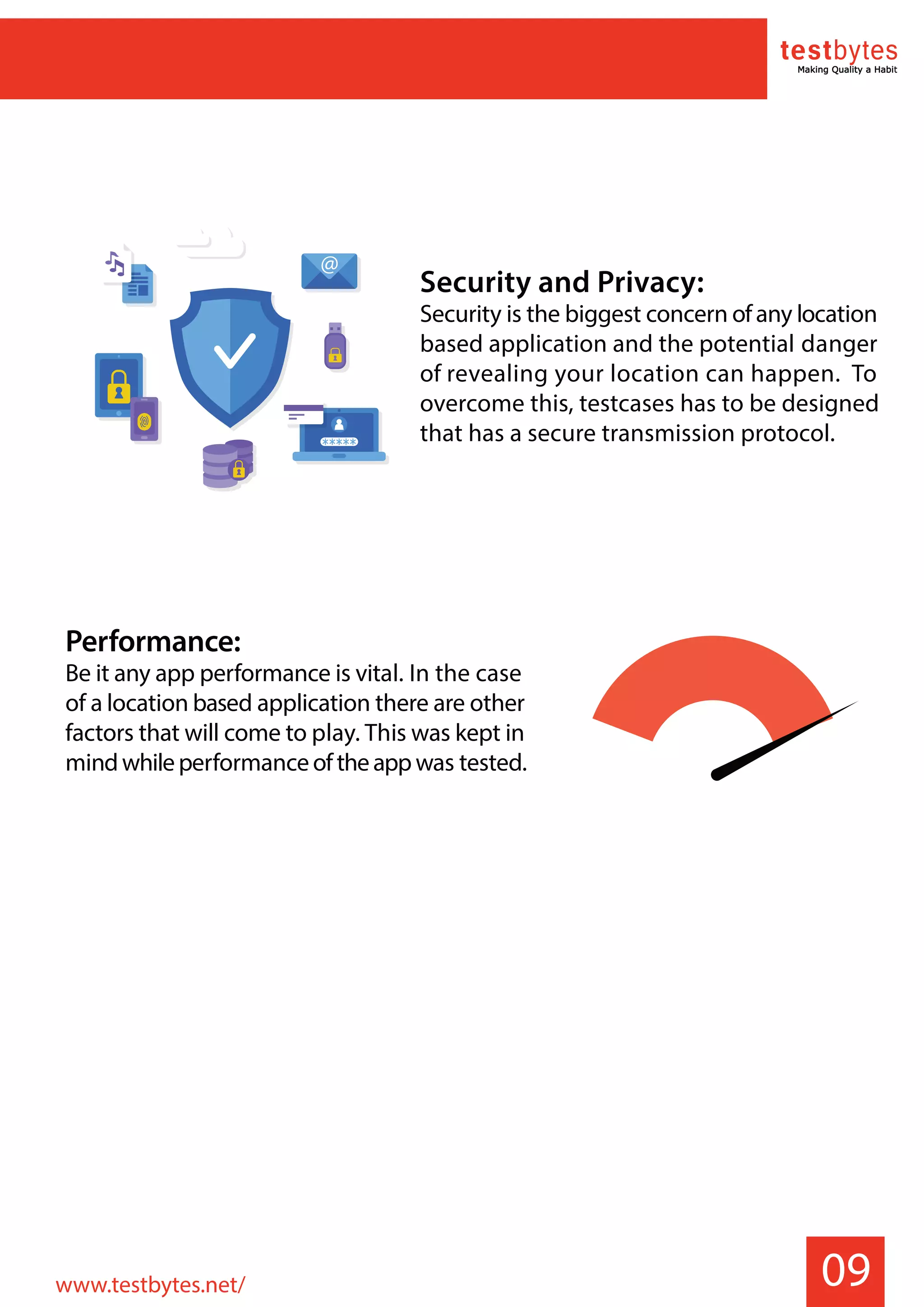09
Security and Privacy:
Security is the biggest concern ofany location
based application and the potential danger
of revealing your location can happen. To
overcome this, testcases has to be designed
that has a secure transmission protocol.
Performance:
Be it any app performance is vital. In the case
of a location based application there are other
factors that will come to play. This was kept in
mindwhileperformanceoftheappwas tested.
www.testbytes.net/
 