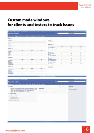 16
Custom made windows
for clients and testers to track issues
www.testbytes.net/
 