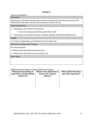 4*$%,'(G((
9-%"-'%7+#$+:#52*%+R+
]')5#%;+%*&!
,$#+%5%;$&+)!-%00!%1'&+%87!+/'!T'7!'0'9'&+)!*8!$&!%&)+#35+%*&$0!3&%+!+/$+!%&5*#;*#$+')!+/'!
,'#8*#9$&5'!<3+5*9')!$&1!1'6'0*;!*#!'&/$&5'!$+!0'$)+!*&'!3&%+S!
_N;'5+'1!<3+5*9')!
" ,$#+%5%;$&+)!5$&!$&)-'#!+/'!Z3')+%*&)`!!
       o 2*-!1*!-'!1')%B&!3&%+)!+/$+!)3;;*#+!+/%)!-*#T[!!
" !,$#+%5%;$&+)!5$&!1%)53))!+/'!%1'$)!%&!)+31'&+:8#%'&107!$&1!;$#'&+:8#%'&107!+'#9)!
'&B+/!
>!+*!G!/*3#)V!1';'&1%&B!*&!-/$+!T%&1!*8!3&%+)!$0#'$17!'N%)+!
=$+'#%$0)!+*!A#%&B!+*!+/'!"#$%&%&B!
@*#!$00!;$#+%5%;$&+)!
! O0*E$0!'$1'#)/%;!,'#8*#9$&5'!<3+5*9'!
! !,'#8*#9$&5'!<3+5*9')!8*#!'$5/!5*&+'&+!$#'$!
<+/'#!.*+')!
!
!
                                                                                                !

1%$*%30'#(+$#"+0<%+=")'(%"+0#+>'**+#20+?%$#"%+0<%+=")'('(@+
   P?#&(8"-*"(Q5*=,'$C'(*"( P?#&(#"'(&?'(*:F'B&-*50(*"( P?#&(=-,,(:'(&?'(+*,,*=(
  'R8'"-'5B'(B#5(&?-0(1*$%,'(           -00%'0(&*(:'("'#$/(&*(   %8(&*(&?-0('R8'"-'5B'H(
          B*55'B&(&*H(                        #$$"'00H(
!                                   !                          !
!
!
!
!




    DRAFTED BY AEC– NOT YET IN FINAL FORM, OCT 2010                                           21!
 