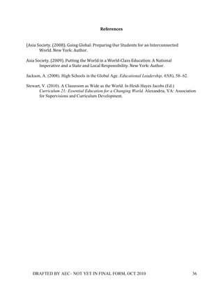 Y'+'"'5B'0(
!

Q4)%$!P*5%'+7S!QDMMKRS!O*%&B!O0*E$0`!,#';$#%&B!<3#!P+31'&+)!8*#!$&!U&+'#5*&&'5+'1!!
       X*#01S!.'-!d*#T`!43+/*#S!
!
4)%$!P*5%'+7S!QDMMLRS!,3++%&B!+/'!X*#01!%&!$!X*#01:C0$))!_135$+%*&`!4!.$+%*&$0!!
       U9;'#$+%6'!$&1!$!P+$+'!$&1!*5$0!?');*&)%E%0%+7S!.'-!d*#T`!43+/*#.

Jackson, A. (2008). High Schools in the Global Age. Educational Leadership, 65(8), 58- 62.

Stewart, V. (2010). A Classroom as Wide as the World. In Heidi Hayes Jacobs (Ed.)
       Curriculum 21: Essential Education for a Changing World. Alexandria, VA: Association
       for Supervisions and Curriculum Development.




    DRAFTED BY AEC– NOT YET IN FINAL FORM, OCT 2010                                          36!
 