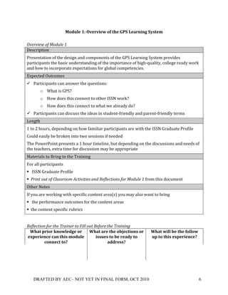 4*$%,'(2G(E7'"7-'=(*+(&?'(!).(O'#"5-5C(./0&'1(
!
9-%"-'%7+#$+:#52*%+;+
]')5#%;+%*&!
,#')'&+$+%*&!*8!+/'!1')%B&!$&1!5*9;*&'&+)!*8!+/'!O,P!'$#&%&B!P7)+'9!;#*6%1')!
;$#+%5%;$&+)!+/'!E$)%5!3&1'#)+$&1%&B!*8!+/'!%9;*#+$&5'!*8!/%B/:Z3$0%+7V!5*00'B'!#'$17!-*#T!
$&1!/*-!+*!%&5*#;*#$+'!'N;'5+$+%*&)!8*#!B0*E$0!5*9;'+'&5%')S!!
_N;'5+'1!<3+5*9')!
" ,$#+%5%;$&+)!5$&!$&)-'#!+/'!Z3')+%*&)`!!
       o X/$+!%)!O,P[!
       o 2*-!1*')!+/%)!5*&&'5+!+*!*+/'#!UPP.!-*#T[!
       o 2*-!1*')!+/%)!5*&&'5+!+*!-/$+!-'!$0#'$17!1*[!
" ,$#+%5%;$&+)!5$&!1%)53))!+/'!%1'$)!%&!)+31'&+:8#%'&107!$&1!;$#'&+:8#%'&107!+'#9)!
'&B+/!
>!+*!D!/*3#)V!1';'&1%&B!*&!/*-!8$9%0%$#!;$#+%5%;$&+)!$#'!-%+/!+/'!UPP.!O#$13$+'!,#*8%0'!
C*301!'$)%07!E'!E#*T'&!%&+*!+-*!)'))%*&)!%8!&''1'1!
"/'!,*-'#,*%&+!;#')'&+)!$!>!/*3#!+%9'0%&'V!E3+!1';'&1%&B!*&!+/'!1%)53))%*&)!$&1!&''1)!*8!
+/'!+'$5/'#)V!'N+#$!+%9'!8*#!1%)53))%*&!9$7!E'!$;;#*;#%$+'!!
=$+'#%$0)!+*!A#%&B!+*!+/'!"#$%&%&B!
@*#!$00!;$#+%5%;$&+)!
! !UPP.!O#$13$+'!,#*8%0'!!
! !"'(0+#20+#$+4*)&&"##/+630'-'0'%&+)(5+1%$*%30'#(&+$#"+:#52*%+;+8#*9!+/%)!1*539'&+!
<+/'#!.*+')!
U8!7*3!$#'!-*#T%&B!-%+/!);'5%8%5!5*&+'&+!$#'$Q)R!7*3!9$7!$0)*!-$&+!+*!E#%&B!!
! !+/'!;'#8*#9$&5'!*3+5*9')!8*#!+/'!5*&+'&+!$#'$)!
! +/'!5*&+'&+!);'5%8%5!#3E#%5)!
                                                                                              !

1%$*%30'#(+$#"+0<%+=")'(%"+0#+>'**+#20+?%$#"%+0<%+=")'('(@+
   P?#&(8"-*"(Q5*=,'$C'(*"( P?#&(#"'(&?'(*:F'B&-*50(*"( P?#&(=-,,(:'(&?'(+*,,*=(
  'R8'"-'5B'(B#5(&?-0(1*$%,'(           -00%'0(&*(:'("'#$/(&*(   %8(&*(&?-0('R8'"-'5B'H(
          B*55'B&(&*H(                        #$$"'00H(
!                                   !                          !
!
!



   DRAFTED BY AEC– NOT YET IN FINAL FORM, OCT 2010                                         6!
 