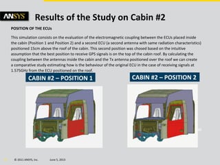 © 2011 ANSYS, Inc. June 5, 201324
Results of the Study on Cabin #2
POSITION OF THE ECUs
This simulation consists on the evaluation of the electromagnetic coupling between the ECUs placed inside
the cabin (Position 1 and Position 2) and a second ECU (a second antenna with same radiation characteristics)
positioned 15cm above the roof of the cabin. This second position was chosed based on the intuitive
assumption that the best position to receive GPS signals is on the top of the cabin roof. By calculating the
coupling between the antennas inside the cabin and the Tx antenna positioned over the roof we can create
a comparative study estimating how is the behaviour of the original ECU in the case of receiving signals at
1.575GHz from the ECU positioned on the roof.
 