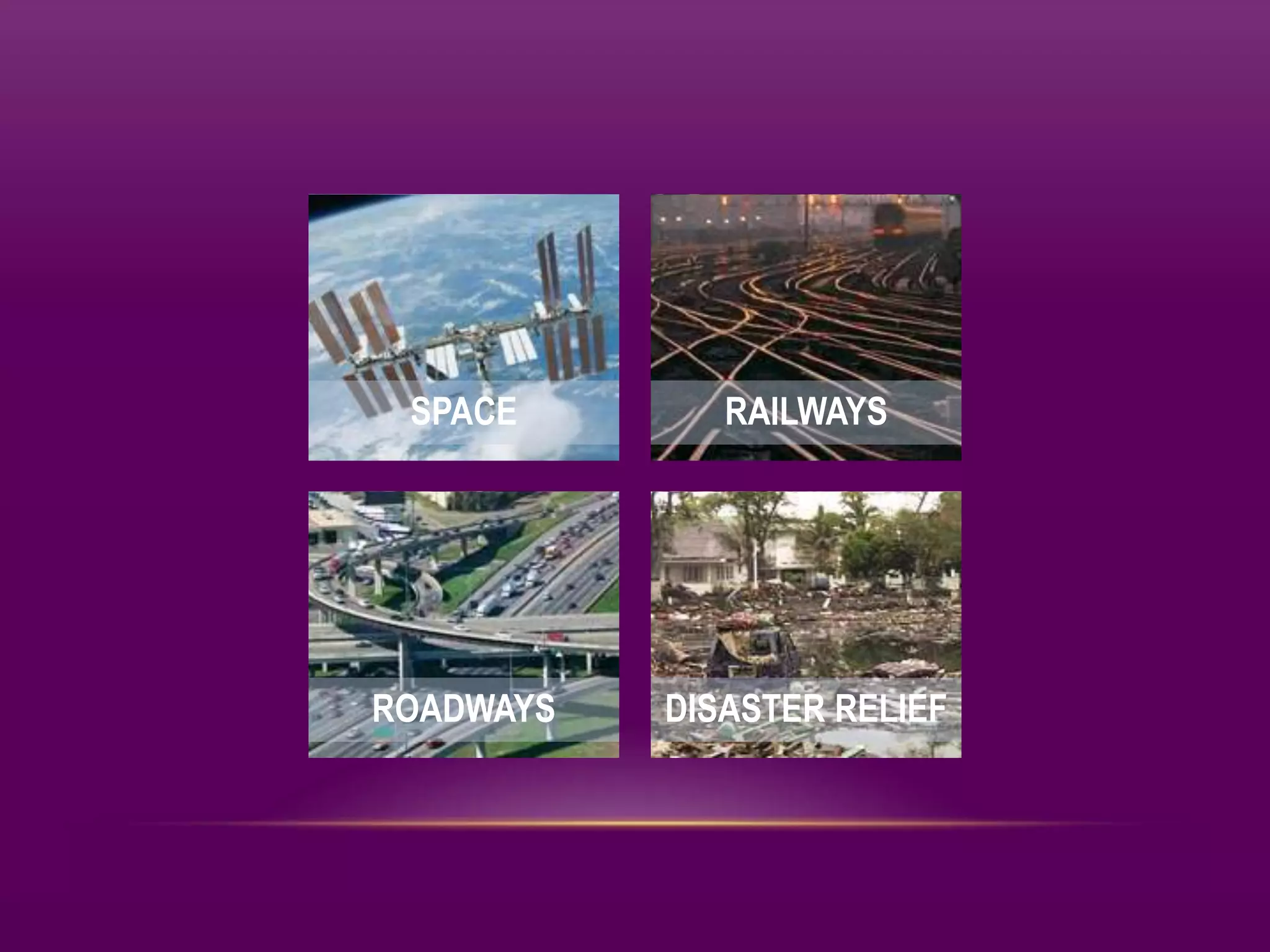 SPACE RAILWAYS
ROADWAYS DISASTER RELIEF
 