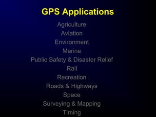 GPS Applications
Agriculture
Aviation
Environment
Marine
Public Safety & Disaster Relief
Rail
Recreation
Roads & Highways
Space
Surveying & Mapping
Timing
 
