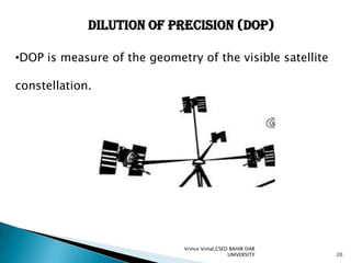 Dilution of Precision (DOP)
•DOP is measure of the geometry of the visible satellite

constellation.

Vrince Vimal,CSED BAHIR DAR
UNIVERSITY

20

 