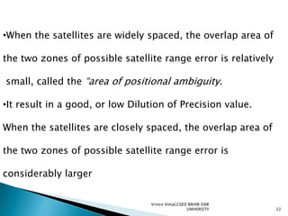 •When the satellites are widely spaced, the overlap area of
the two zones of possible satellite range error is relatively
small, called the “area of positional ambiguity.
•It result in a good, or low Dilution of Precision value.
When the satellites are closely spaced, the overlap area of
the two zones of possible satellite range error is

considerably larger
Vrince Vimal,CSED BAHIR DAR
UNIVERSITY

22

 