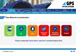 Barrier Pipe System
Barrier pipe and fittings cannot be mixed
and matched between systems
A system of
pipe and fittings
should be used
Joints shall not ONLY be leak proof,
but also be impermeable to ground
contaminants
Jointing methods Welded Joints
 