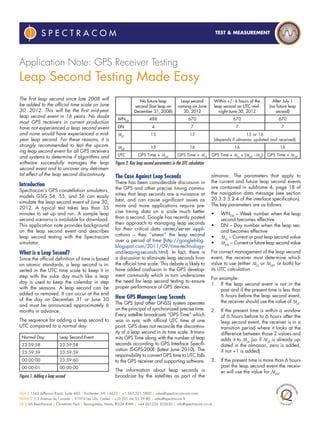 Application Note: GPS Receiver Testing
Leap Second Testing Made Easy
The ﬁrst leap second since late 2008 will                             No future leap             Leap second             Within +/- 6 hours of the         After July 1
be added to the ofﬁcial time scale on June                         second (last leap on         coming on June           leap second on UTC mid-         (no future leap
30, 2012. This will be the ﬁrst mid-year                           December 31, 2008)             30, 2012                  night June 30, 2012             second)
leap second event in 16 years. No doubt
                                                        WNLSF                488                       670                         670                             670
most GPS receivers in current production
have not experienced a leap second event                DN                     4                         7                          7                                      7
and none would have experienced a mid-                  tLS                  15                        15                            15 or 16
year leap second. For these reasons, it is                                                                            (depends if almanac updated and received)
strongly recommended to test the upcom-                 tLSF                 15                        16                          16                                16
ing leap second event for all GPS receivers
and systems to determine if algorithms and              UTC           GPS Time + tLSF          GPS Time + tLS      GPS Time + tLS + (tLSF - tLS)   GPS Time + tLSF
software successfully manages the leap                 Figure 2. Key leap second parameters in the UTC calculation
second event and to uncover any detrimen-
tal effect of the leap second discontinuity.           The Case Against Leap Seconds                                 almanac. The parameters that apply to
                                                       There has been considerable discussion in                     the current and future leap second events
Introduction                                                                                                         are contained in subframe 4, page 18 of
Spectracom’s GPS constellation simulators,             the GPS and other precise timing commu-
                                                       nities that leap seconds are a nuisance at                    the navigation data message (see section
models GSG 54, 55, and 56 can easily
                                                       best, and can cause signiﬁcant issues as                      20.3.3.5.2.4 of the interface speciﬁcation).
simulate the leap second event of June 30,
                                                       more and more applications require pre-                       The key parameters are as follows:
2012. A typical test takes less than 35
minutes to set up and run. A sample leap               cise timing data on a scale much better                       •      WNLSF – Week number when the leap
second scenario is available for download.             than a second. Google has recently posted                            second becomes effective
This application note provides background              their approach to managing leap seconds                       •      DN – Day number when the leap sec-
on the leap second event and describes                 for their critical data center/server appli-                         ond becomes effective
leap second testing with the Spectracom                cations – they “smear” the leap second                        •      tLS – Current or past leap second value
simulator.                                             over a period of time (http://googleblog.                     •      tLSF – Current or future leap second value
                                                       blogspot.com/2011/09/time-technology-
What is a Leap Second?                                 and-leaping-seconds.html). In fact, there is                  For correct management of the leap second
Since the ofﬁcial deﬁnition of time is based           a discussion to eliminate leap seconds from                   event, the receiver must determine which
on atomic standards, a leap second is in-              the ofﬁcial time scale. This debate is likely to              value to use (either tLS or tLSF, or both) for
serted in the UTC time scale to keep it in             have added confusion in the GPS develop-                      its UTC calculation.
step with the solar day much like a leap               ment community which in turn underscores
                                                                                                                     For example:
day is used to keep the calendar in step               the need for leap second testing to ensure
                                                                                                                     1. If the leap second event is not in the
with the seasons. A leap second can be                 proper performance of GPS devices.
                                                                                                                          past and if the present time is less than
added or removed. It can occur at the end                                                                                 6 hours before the leap second event,
of the day on December 31 or June 30                   How GPS Manages Leap Seconds
                                                       The GPS (and other GNSS) system operates                           the receiver should use the value of tLS.
and must be announced approximately 6
months in advance.                                     on the principal of synchronized precise time.                2.     If the present time is within a window
                                                       Every satellite broadcasts “GPS Time” which                          of 6 hours before to 6 hours after the
The sequence for adding a leap second to               was in sync with ofﬁcial UTC time at one                             leap second event, the receiver is in a
UTC compared to a normal day:                          point. GPS does not reconcile the discontinu-                        transition period where it looks at the
                                                       ity of a leap second in its time scale. It trans-                    difference between those 2 values and
 Normal Day               Leap Second Event            mits GPS Time along with the number of leap                          adds it to tLS (so if tLS is already up-
 23:59:58                 23:59:58                     seconds according to GPS Interface Speciﬁ-                           dated in the almanac, zero is added,
                                                       cation IS-GPS-200E (latest June 2010). The                           if not +1 is added).
 23:59:59                 23:59:59
                                                       responsibility to convert GPS time to UTC falls
 00:00:00                 23:59:60                     to the GPS receiver and supporting software.                  3.     If the present time is more than 6 hours
 00:00:01                 00:00:00                                                                                          past the leap second event the receiv-
                                                       The information about leap seconds is                                er will use the value for tLSF.
Figure 1. Adding a leap second                         broadcast by the satellites as part of the
                                                                                                                                                                           ctracomco
                                                                                                                                                                       .spe
                                                                                                                                                           . . . quality



                                                                                                                                                                                   rp.c




                                                                                                                                                                           Q
                                                                                                                                                                                       om . . . . .




USA | 1565 Jefferson Road, Suite 460 | Rochester, NY 14623 | +1.585.321.5800 | sales@spectracomcorp.com
FRANCE | 3 Avenue du Canada | 91974 Les Ulis, Cedex | +33 (0)1 64 53 39 80 | sales@spectracom.fr
                                                                                                                                                             ...




                                                                                                                                                                                   ..
                                                                                                                                                                       IS
UK | 6A Beechwood | Chineham Park | Basingstoke, Hants, RG24 8WA | +44 (0)1256 303630 | info@spectracom.co.uk                                                               O 9001
                                                                                                                                                                               .
 