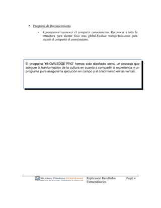    Programa de Reconocimiento
        -   Recompensar/reconocer el compartir conocimiento. Reconocer a toda la
            estructura para alentar foco mas global.Evaluar trabajo/funciones para
            incluir el compartir el conocimiento.




El programa ¨KNOWLEDGE PRO¨ hemos sido diseñado como un proceso que
asegure la tranformacion de la cultura en cuanto a compartir la experiencia y un
programa para asegurar la ejecución en campo y el crecimiento en las ventas.




                                            Replicando Resultados        Page| 4
                                            Extraordinarios
 
