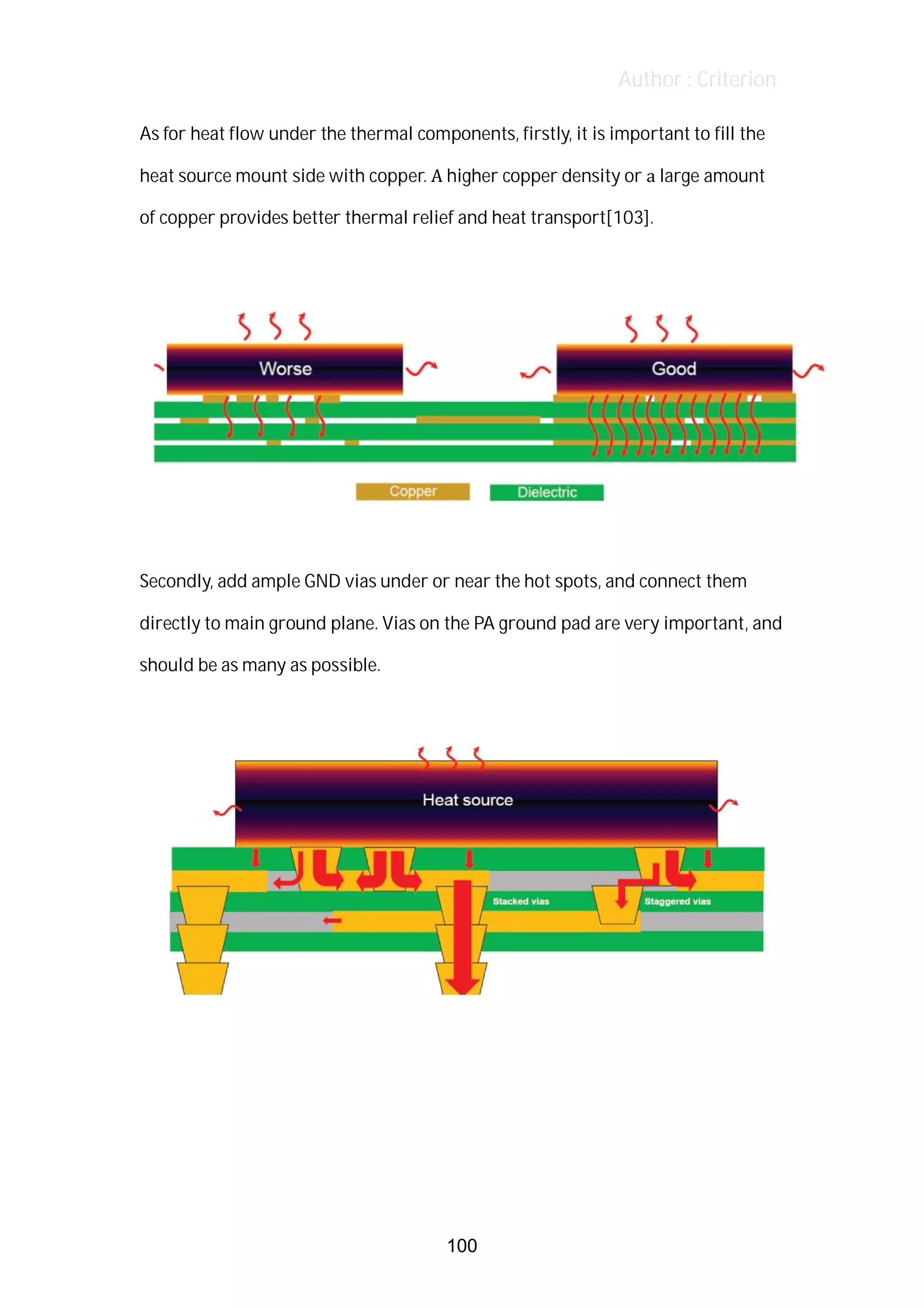 Author : Criterion
As	for	heat	flow	under	the	thermal	components,	firstly,	it	is	important	to	fill	the	
heat	source	mount	side	with	copper.	A	higher	copper	density	or	a	large	amount	
of	copper	provides	better	thermal	relief	and	heat	transport[103].	 	
	
Secondly,	add	ample	GND	vias	under	or	near	the	hot	spots,	and	connect	them	
directly	to	main	ground	plane.	Vias	on	the	PA	ground	pad	are	very	important,	and	
should	be	as	many	as	possible.	
	
	
	
	
	
100
 