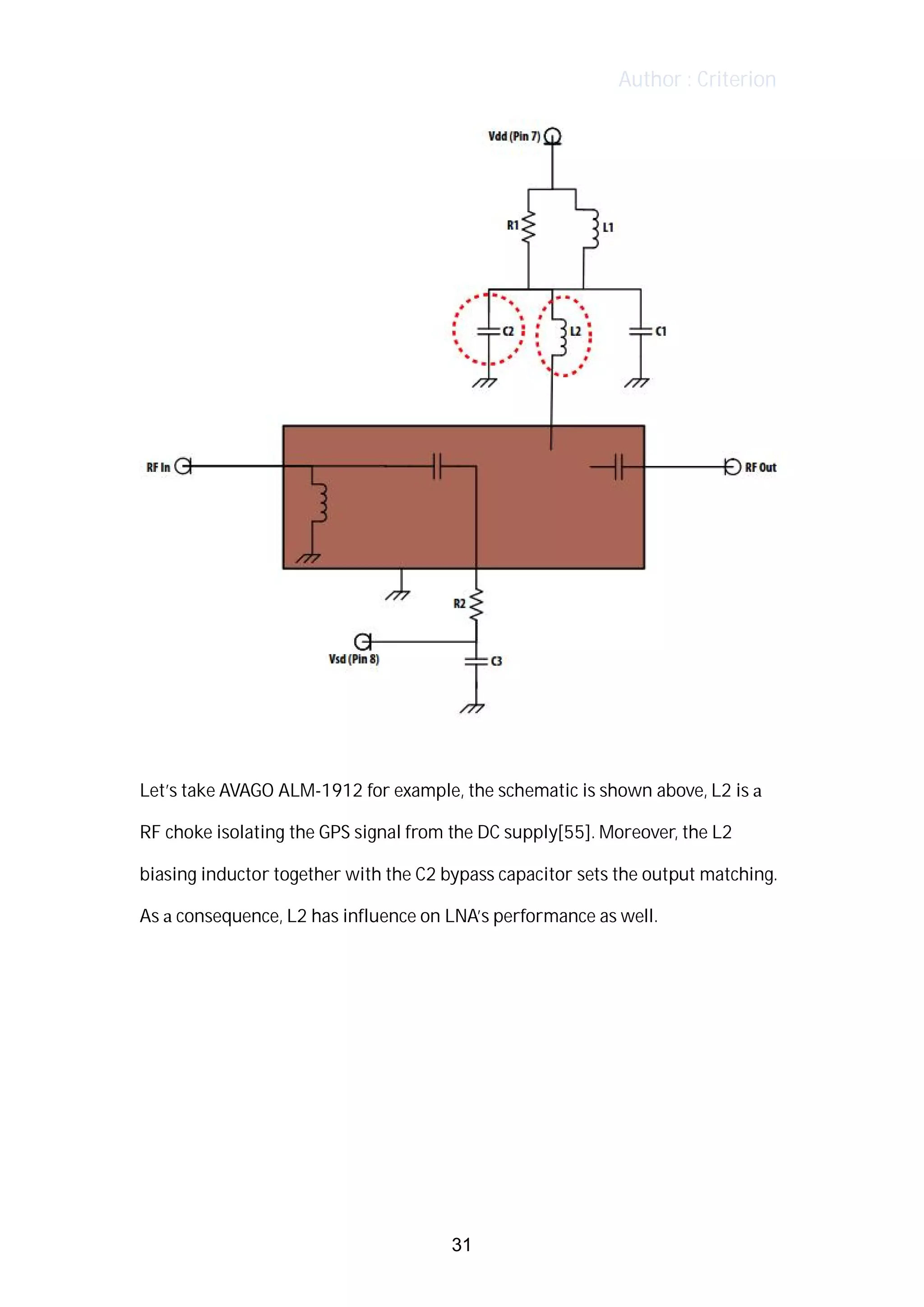 Author : Criterion
	
	
Let’s	take	AVAGO	ALM-1912	for	example,	the	schematic	is	shown	above,	L2	is	a	
RF	choke	isolating	the	GPS	signal	from	the	DC	supply[55].	Moreover,	the	L2	
biasing	inductor	together	with	the	C2	bypass	capacitor	sets	the	output	matching.	
As	a	consequence,	L2	has	influence	on	LNA’s	performance	as	well.	 	
	
	
	
	
	
	
31
 