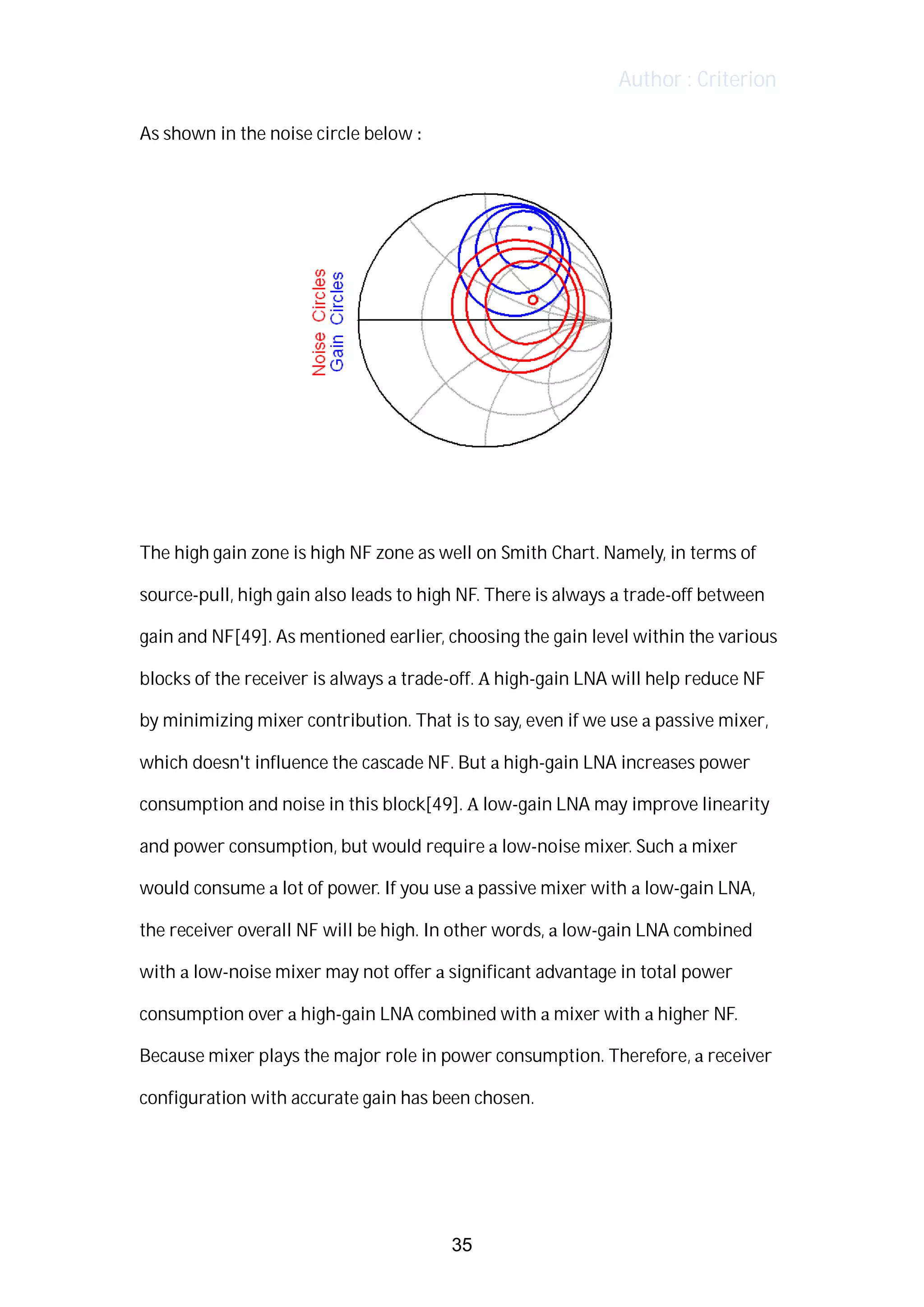 Author : Criterion
As	shown	in	the	noise	circle	below	:	
The	high	gain	zone	is	high	NF	zone	as	well	on	Smith	Chart.	Namely,	in	terms	of	
source-pull,	high	gain	also	leads	to	high	NF.	There	is	always	a	trade-off	between	
gain	and	NF[49].	As	mentioned	earlier,	choosing	the	gain	level	within	the	various	
blocks	of	the	receiver	is	always	a	trade-off.	A	high-gain	LNA	will	help	reduce	NF	
by	minimizing	mixer	contribution.	That	is	to	say,	even	if	we	use	a	passive	mixer,	
which	doesn't	influence	the	cascade	NF.	But	a	high-gain	LNA	increases	power	
consumption	and	noise	in	this	block[49].	A	low-gain	LNA	may	improve	linearity	
and	power	consumption,	but	would	require	a	low-noise	mixer.	Such	a	mixer	
would	consume	a	lot	of	power.	If	you	use	a	passive	mixer	with	a	low-gain	LNA,	
the	receiver	overall	NF	will	be	high.	In	other	words,	a	low-gain	LNA	combined	
with	a	low-noise	mixer	may	not	offer	a	significant	advantage	in	total	power	
consumption	over	a	high-gain	LNA	combined	with	a	mixer	with	a	higher	NF.	
Because	mixer	plays	the	major	role	in	power	consumption.	Therefore,	a	receiver	
configuration	with	accurate	gain	has	been	chosen.	
	
	
35
 