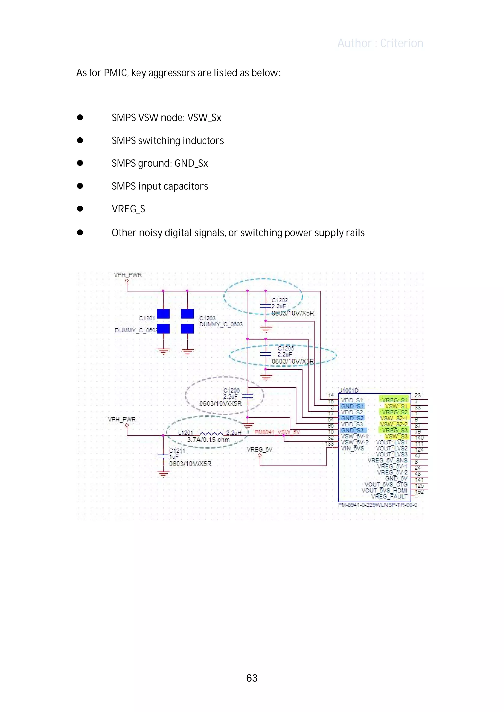 Author : Criterion
As	for	PMIC,	key	aggressors	are	listed	as	below:	
	
l 	 SMPS	VSW	node:	VSW_Sx	
l 	 SMPS	switching	inductors	
l 	 SMPS	ground:	GND_Sx	
l 	 SMPS	input	capacitors	
l 	 VREG_S	
l 	 	 	 Other	noisy	digital	signals,	or	switching	power	supply	rails	
	
	
	
	
	
	
	
63
 