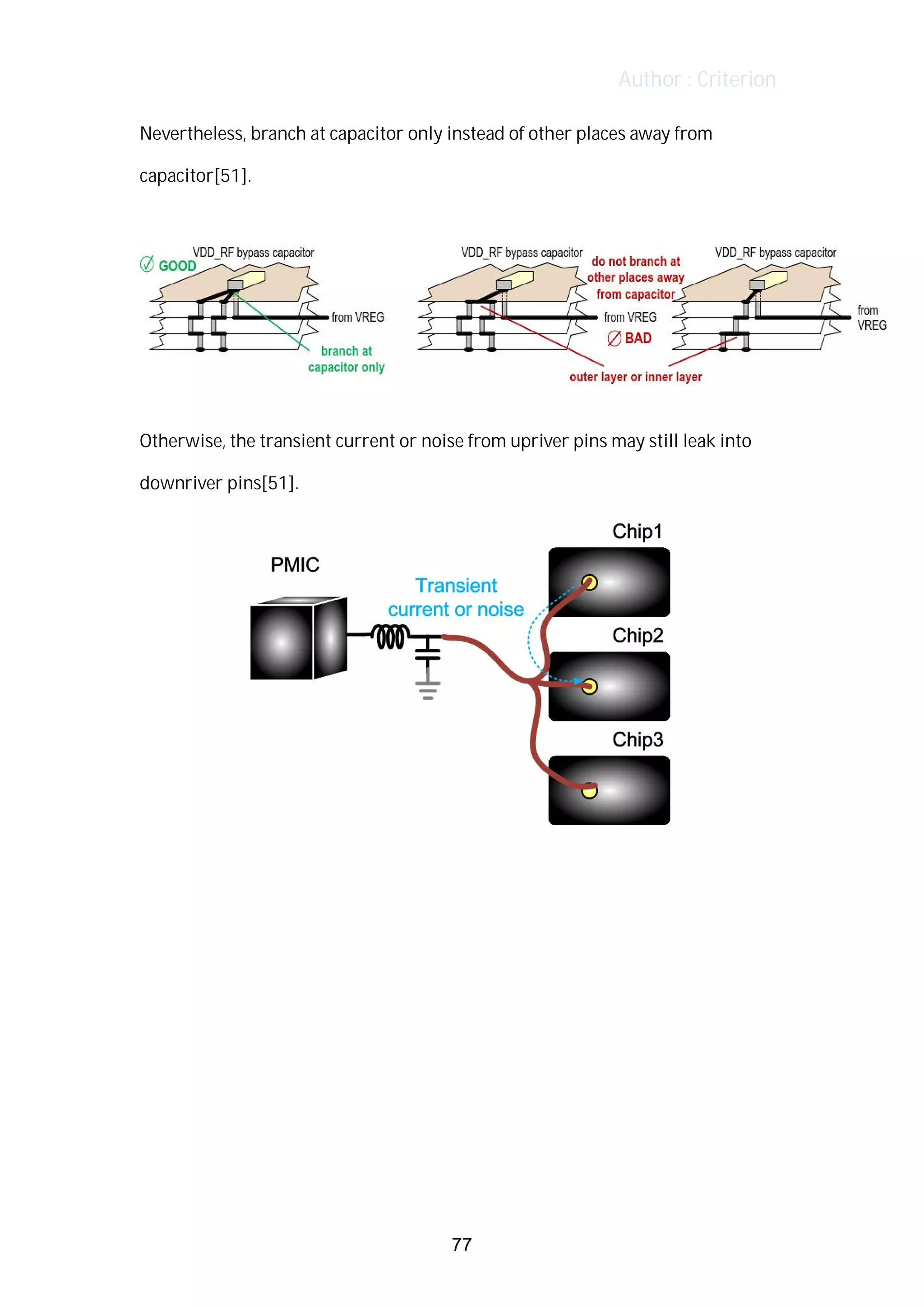 Author : Criterion
Nevertheless,	branch	at	capacitor	only	instead	of	other	places	away	from	
capacitor[51].	 	 	
Otherwise,	the	transient	current	or	noise	from	upriver	pins	may	still	leak	into	
downriver	pins[51].	
77
 