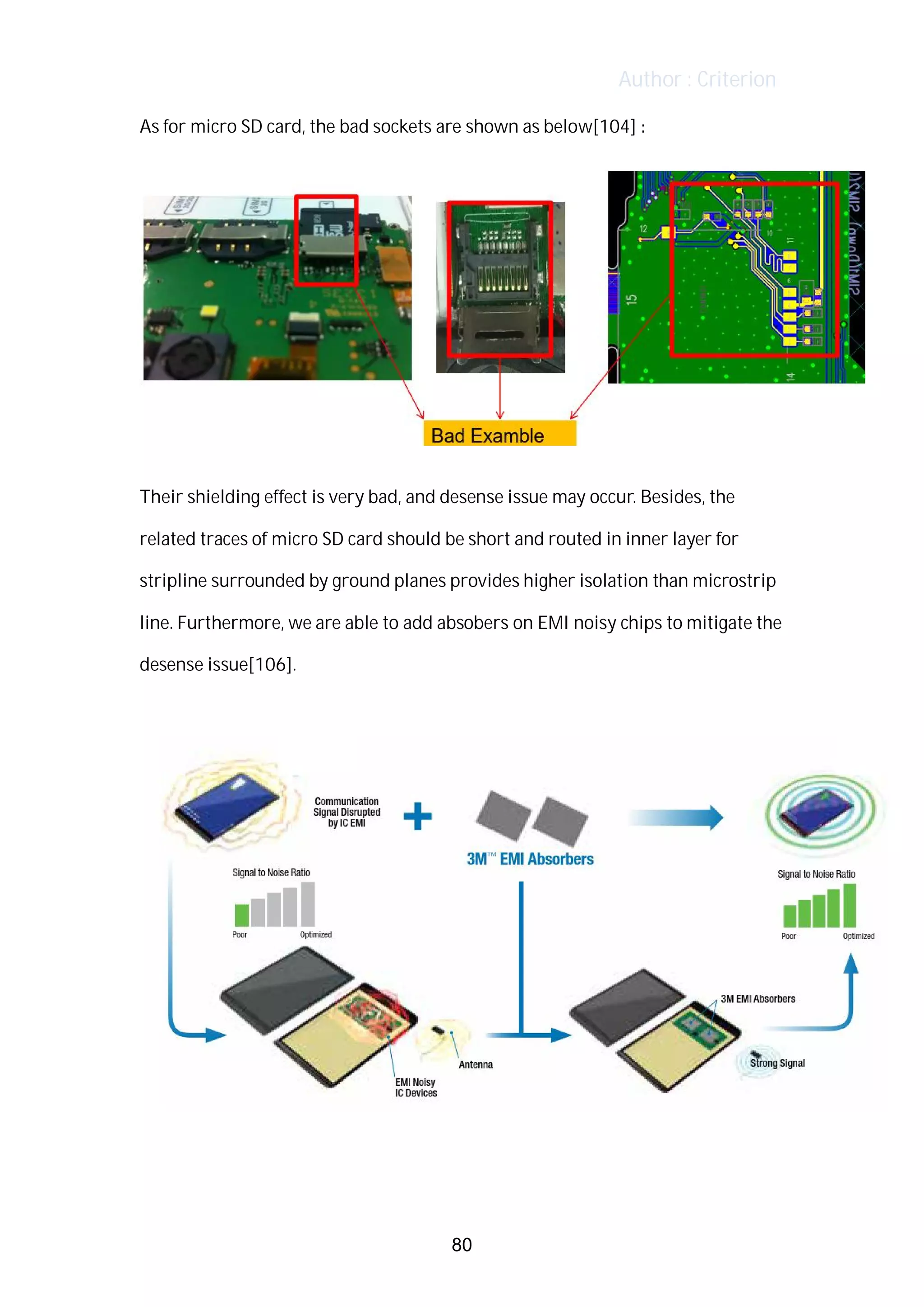 Author : Criterion
As	for	micro	SD	card,	the	bad	sockets	are	shown	as	below[104]	:	
	
Their	shielding	effect	is	very	bad,	and	desense	issue	may	occur.	Besides,	the	
related	traces	of	micro	SD	card	should	be	short	and	routed	in	inner	layer	for	
stripline	surrounded	by	ground	planes	provides	higher	isolation	than	microstrip	
line.	Furthermore,	we	are	able	to	add	absobers	on	EMI	noisy	chips	to	mitigate	the	
desense	issue[106].	
	
	
	
	
80
 