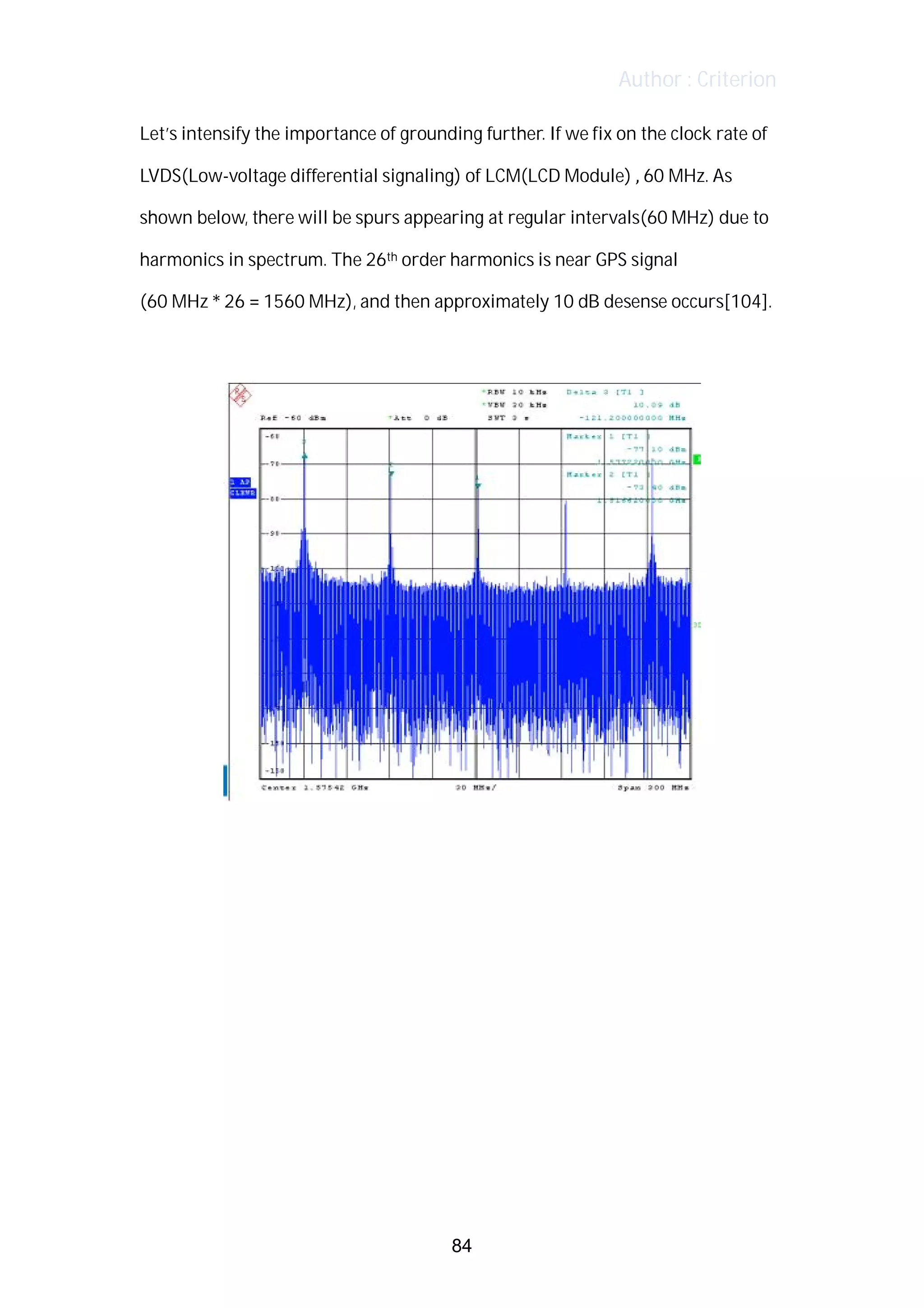 Author : Criterion
Let’s	intensify	the	importance	of	grounding	further.	If	we	fix	on	the	clock	rate	of	
LVDS(Low-voltage	differential	signaling)	of	LCM(LCD	Module)	,	60	MHz.	As	
shown	below,	there	will	be	spurs	appearing	at	regular	intervals(60	MHz)	due	to	
harmonics	in	spectrum.	The	26th	order	harmonics	is	near	GPS	signal	 	
(60	MHz	*	26	=	1560	MHz),	and	then	approximately	10	dB	desense	occurs[104].	 	 	
	
	
	
	
	
	
	
	
	
	
	
84
 