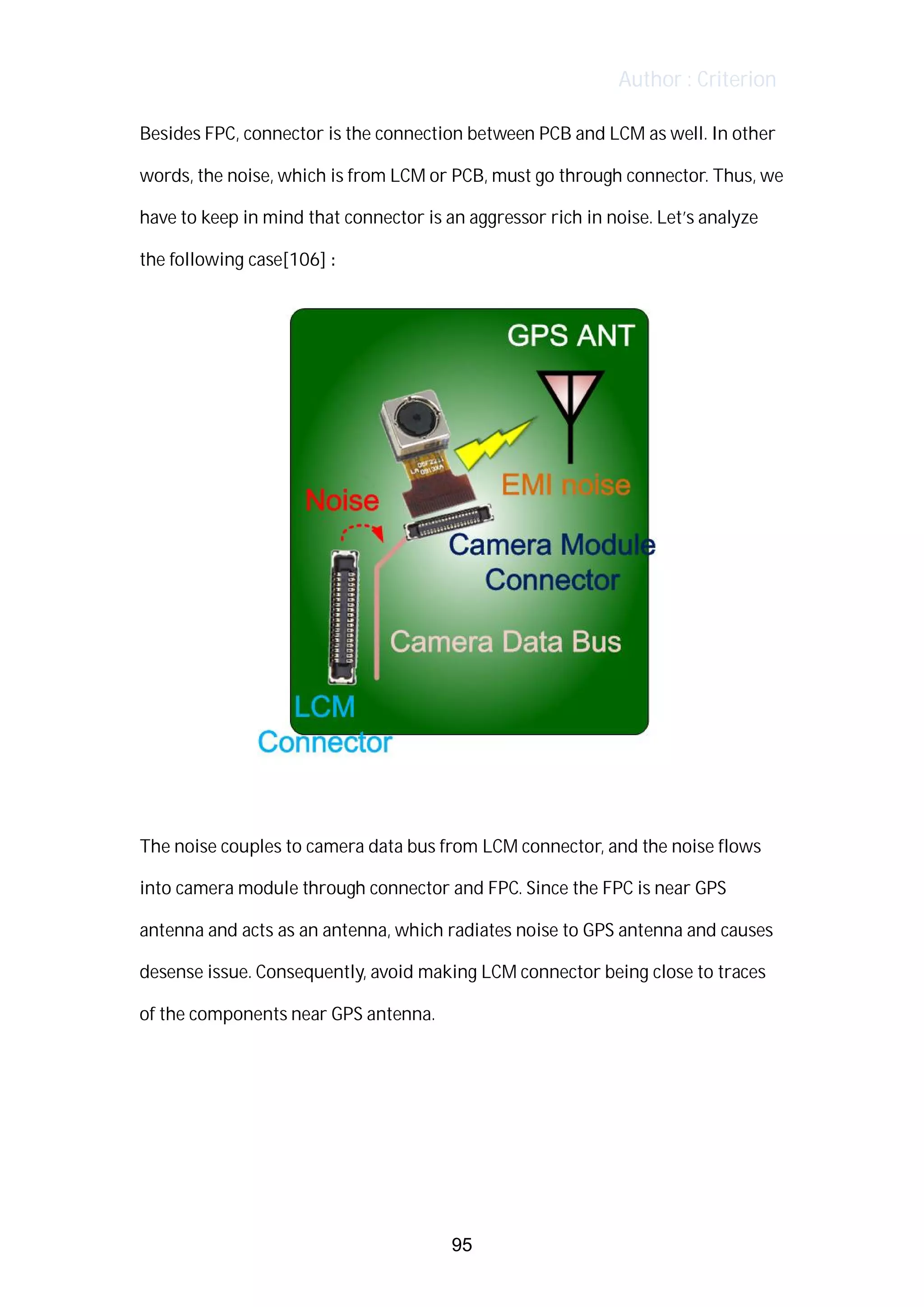 Author : Criterion
Besides	FPC,	connector	is	the	connection	between	PCB	and	LCM	as	well.	In	other	
words,	the	noise,	which	is	from	LCM	or	PCB,	must	go	through	connector.	Thus,	we	
have	to	keep	in	mind	that	connector	is	an	aggressor	rich	in	noise.	Let’s	analyze	
the	following	case[106]	:	 	
	
	
The	noise	couples	to	camera	data	bus	from	LCM	connector,	and	the	noise	flows	
into	camera	module	through	connector	and	FPC.	Since	the	FPC	is	near	GPS	
antenna	and	acts	as	an	antenna,	which	radiates	noise	to	GPS	antenna	and	causes	
desense	issue.	Consequently,	avoid	making	LCM	connector	being	close	to	traces	
of	the	components	near	GPS	antenna.	 	
	
	
	
	
95
 