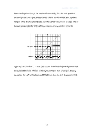 Author : Criterion
In	terms	of	dynamic	range,	the	low	limit	is	sensitivity.	In	order	to	acquire	the	
extremely	weak	GPS	signal,	the	sensitivity	should	be	low	enough.	But,	dynamic	
range	is	finite,	this	feature	indicates	that	the	LNA’s	P1dB	will	not	be	large.	That	is	
to	say,	it’s	impossible	for	GPS	LNA	to	possess	extremely	excellent	linearity.	
	
	
	
Typically,	the	DCS1800	(1710MHz)	PA	output	is	taken	as	the	primary	concern	of	 	
the	outband	blockers,	which	is	certainly	much	higher	than	GPS	signal,	directly	
saturating	the	LNA	without	external	SAW	filters,	then	the	SNR	degrades[41,44].	 	
	
	
	
	
	
	
	
	
	
	
12
 