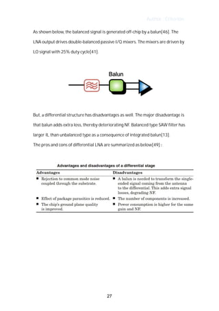 Author : Criterion
As	shown	below,	the	balanced	signal	is	generated	off-chip	by	a	balun[46].	The	
LNA	output	drives	double-balanced	passive	I/Q	mixers.	The	mixers	are	driven	by	
LO	signal	with	25%	duty	cycle[41].	
	
	
	
But,	a	differential	structure	has	disadvantages	as	well.	The	major	disadvantage	is	
that	balun	adds	extra	loss,	thereby	deteriorating	NF.	Balanced	type	SAW	filter	has	
larger	IL	than	unbalanced	type	as	a	consequence	of	integrated	balun[13].	
The	pros	and	cons	of	differential	LNA	are	summarized	as	below[49]	:	
	
	
	
	
	
	
	
	
27
 