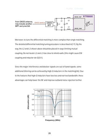 Author : Criterion
	
	
Moreover,	to	tune	the	differential	matching	is	more	complex	than	single	matching.	
The	detailed	differential	matching	tuning	procedure	is	described	in[17].	By	the	
way,	the	L2	and	L3	shown	above	should	be	placed	in	ways	limiting	mutual	 	
coupling.	Do	not	locate	L2	and	L3	too	close	to	shield	walls	(this	might	cause	EM	
coupling	and	inductor	de-Q)[51].	
	
Since	the	major	interference	and	blocker	signals	are	out-of-band	signals,	some	
additional	ﬁltering	can	be	achieved	by	high-Q	inductors	in	the	matching[46].	Due	
to	the	features	that	high-Q	inductors	have	low	loss	and	narrow	bandwidth,	these	 	
advantages	can	help	lower	the	NF	and	improve	outband	noise	rejection	further.	
	
	
	
28
 