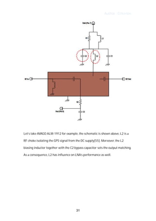 Author : Criterion
	
	
Let’s	take	AVAGO	ALM-1912	for	example,	the	schematic	is	shown	above,	L2	is	a	
RF	choke	isolating	the	GPS	signal	from	the	DC	supply[55].	Moreover,	the	L2	
biasing	inductor	together	with	the	C2	bypass	capacitor	sets	the	output	matching.	
As	a	consequence,	L2	has	influence	on	LNA’s	performance	as	well.	 	
	
	
	
	
	
	
31
 