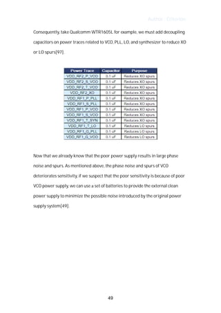 Author : Criterion
Consequently,	take	Qualcomm	WTR1605L	for	example,	we	must	add	decoupling	
capacitors	on	power	traces	related	to	VCO,	PLL,	LO,	and	synthesizer	to	reduce	XO	
or	LO	spurs[97].	
	
	
	
Now	that	we	already	know	that	the	poor	power	supply	results	in	large	phase	
noise	and	spurs.	As	mentioned	above,	the	phase	noise	and	spurs	of	VCO	
deteriorates	sensitivity,	if	we	suspect	that	the	poor	sensitivity	is	because	of	poor	
VCO	power	supply,	we	can	use	a	set	of	batteries	to	provide	the	external	clean	
power	supply	to	minimize	the	possible	noise	introduced	by	the	original	power	
supply	system[49].	
	
	
	
	
	
	
	
49
 
