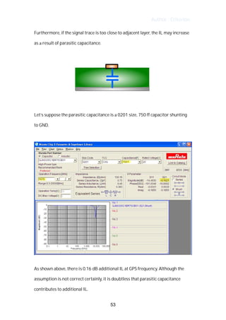 Author : Criterion
Furthermore,	if	the	signal	trace	is	too	close	to	adjacent	layer,	the	IL	may	increase	 	
as	a	result	of	parasitic	capacitance.	
	
	
	
Let’s	suppose	the	parasitic	capacitance	is	a	0201	size,	750	ff	capacitor	shunting	
to	GND.	 	
	
	
	
As	shown	above,	there	is	0.16	dB	additional	IL	at	GPS	frequency.	Although	the	
assumption	is	not	correct	certainly,	it	is	doubtless	that	parasitic	capacitance	
contributes	to	additional	IL.	
53
 