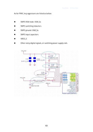 Author : Criterion
As	for	PMIC,	key	aggressors	are	listed	as	below:	
	
l 	 SMPS	VSW	node:	VSW_Sx	
l 	 SMPS	switching	inductors	
l 	 SMPS	ground:	GND_Sx	
l 	 SMPS	input	capacitors	
l 	 VREG_S	
l 	 	 	 Other	noisy	digital	signals,	or	switching	power	supply	rails	
	
	
	
	
	
	
	
63
 