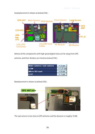 Author : Criterion
Good	placement	is	shown	as	below[104]	:	
Almost	all	the	components	with	high	speed	digital	noise	are	far	away	from	GPS	
antenna,	and	their	distance	are	listed	as	below[104]	:	
	
	
	
Bad	placement	is	shown	as	below[104]	:	
	
	
	
The	sub	camera	is	too	close	to	GPS	antenna,	and	the	desense	is	roughly	10	dB.	
	
79
 