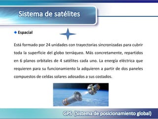Sistema de satélites<br />Espacial <br />Está formado por 24 unidades con trayectorias sincronizadas para cubrir toda la s...