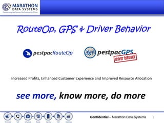 RouteOp, GPS & Driver Behavior

Increased Profits, Enhanced Customer Experience and Improved Resource Allocation

see more, know more, do more
Confidential – Marathon Data Systems

1

 
