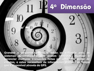 4a Dimensão
Grandes e pequenas empresas estão se voltando para os
sistemas automatizados que podem controlar, atualizar e
gerenciar múltiplas transações feitas por uma rede global de
clientes, e estes necessitam de informações precisas de tempo
que é disponível através de GPS.
 