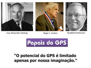 Roger L. Easton Bradford ParkinsonIvan Alexander Getting
Papais do GPS
“O potencial do GPS é limitado
apenas por nossa imaginação.“
Fonte:EduardStiftung
Fonte:knoji
Fonte:NationalInventorsHallofFame
 
