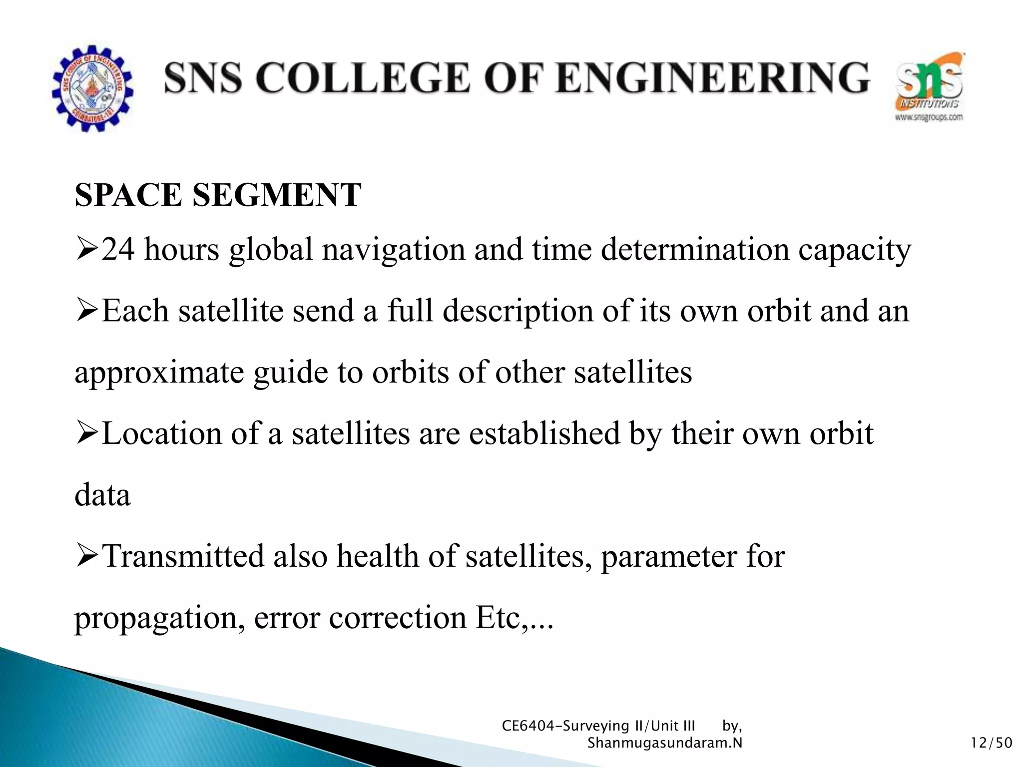 12/50
CE6404-Surveying II/Unit III by,
Shanmugasundaram.N
SPACE SEGMENT
24 hours global navigation and time determination capacity
Each satellite send a full description of its own orbit and an
approximate guide to orbits of other satellites
Location of a satellites are established by their own orbit
data
Transmitted also health of satellites, parameter for
propagation, error correction Etc,...
 