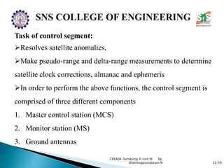 32/50
CE6404-Surveying II/Unit III by,
Shanmugasundaram.N
Task of control segment:
Resolves satellite anomalies,
Make pseudo-range and delta-range measurements to determine
satellite clock corrections, almanac and ephemeris
In order to perform the above functions, the control segment is
comprised of three different components
1. Master control station (MCS)
2. Monitor station (MS)
3. Ground antennas
 