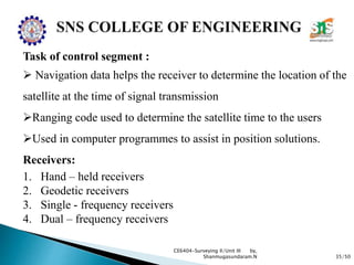 35/50
CE6404-Surveying II/Unit III by,
Shanmugasundaram.N
Task of control segment :
 Navigation data helps the receiver to determine the location of the
satellite at the time of signal transmission
Ranging code used to determine the satellite time to the users
Used in computer programmes to assist in position solutions.
Receivers:
1. Hand – held receivers
2. Geodetic receivers
3. Single - frequency receivers
4. Dual – frequency receivers
 