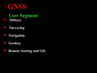 GNSS
User Segment
Military
Surveying
Navigation
Geodesy
Remote Sensing and GIS
 