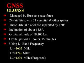 GNSS
GLONSS
Managed by Russian space force
24 satellites, with 21 essential & other spares
Three Orbital planes are separated by 120°
Inclination of about 64.8°,
Orbital altitude of 19,100 km,
Orbital period 11 hours, 15 minutes
Using L –Band Frequency
L1=1602 MHz
L2=1246 MHz
L3=1201 MHz (Proposed)
 