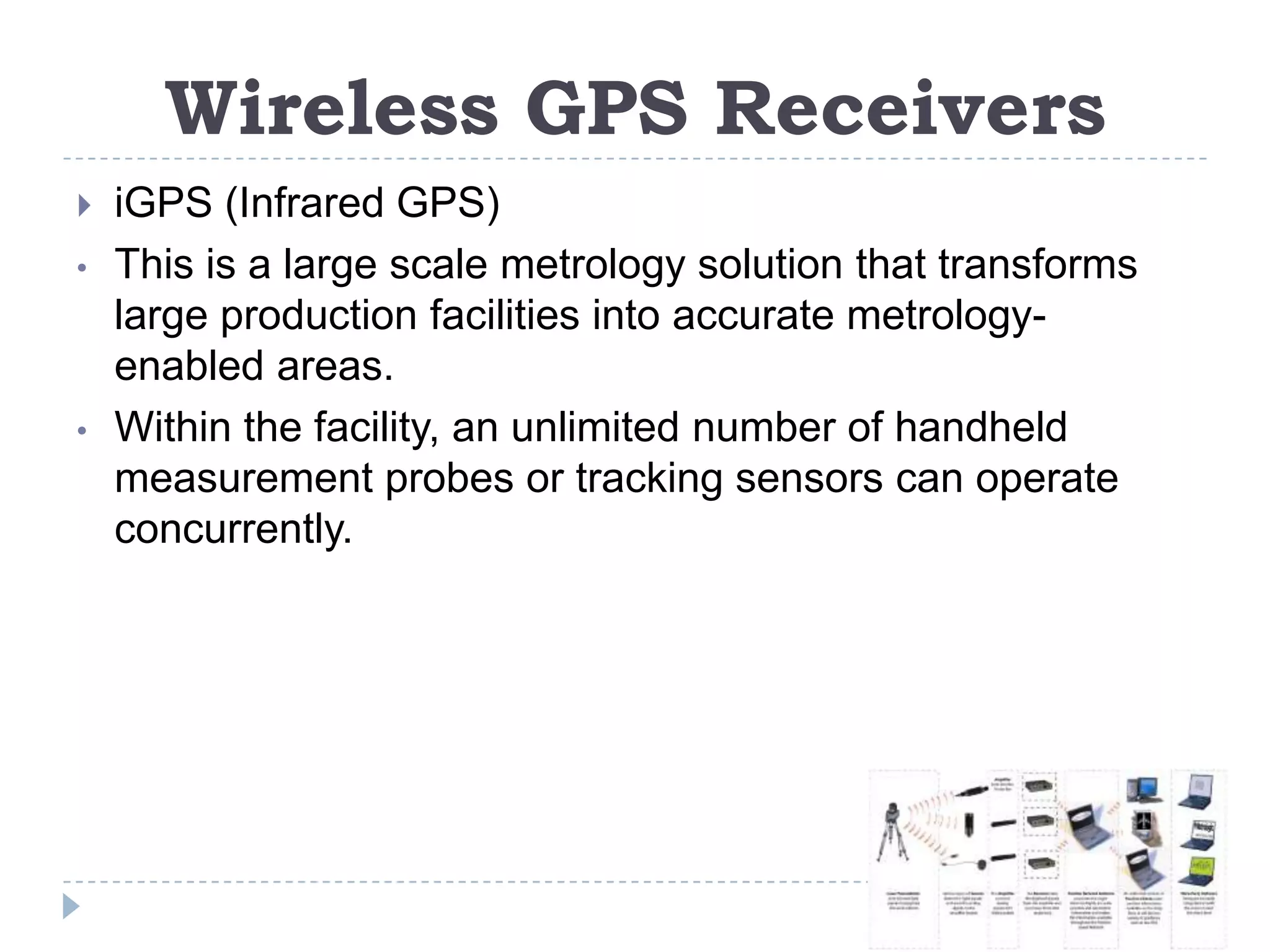 Wireless GPS Receivers
4/6/13
 iGPS (Infrared GPS)
• This is a large scale metrology solution that transforms
large production facilities into accurate metrology-
enabled areas.
• Within the facility, an unlimited number of handheld
measurement probes or tracking sensors can operate
concurrently.
 