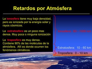 Retardos por Atmósfera
La ionosfera tiene muy baja densidad,
pero es ionizada por la energía solar y
rayos cósmicos.
La estratosfera es un poco mas
densa. Muy poca o ninguna ionización
La troposfera es muy densa.
Contiene 90% de las moléculas de la
atmósfera. Allí es donde ocurren los
fenómenos climáticos.
Ionosfera: 60 - 1000 km
Estratosfera: 10 - 60 km
Troposfera: 0 - 10 km
 